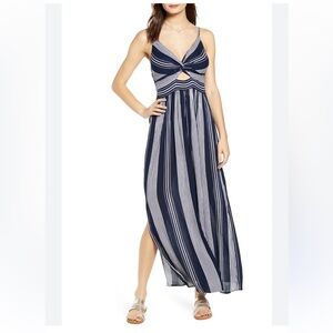 Angie Navy and Denim-colored Striped Dress with Knot and Cut-out